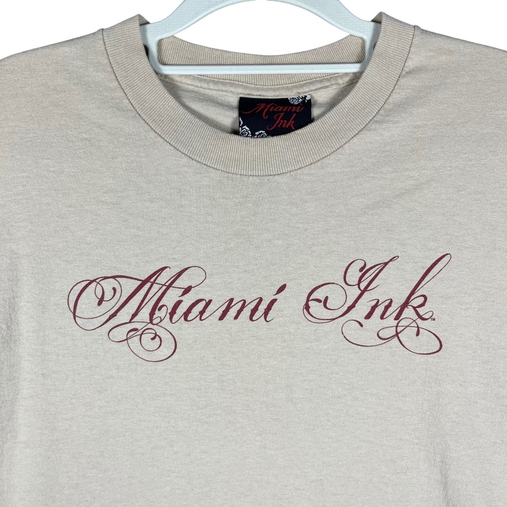 Vintage Miami Ink Graphic T-Shirt Mens Large Tan 2006 Dragon Tattoo Art